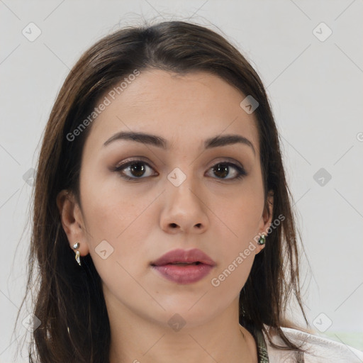 Neutral white young-adult female with long  brown hair and brown eyes