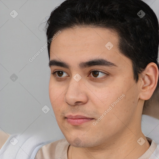 Neutral white young-adult male with short  black hair and brown eyes