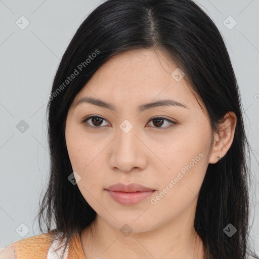 Neutral asian young-adult female with long  brown hair and brown eyes