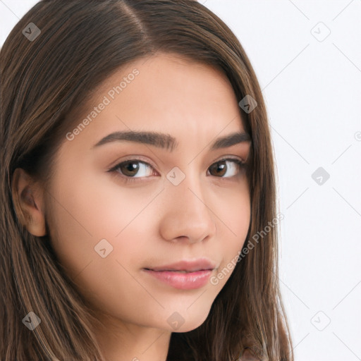 Neutral white young-adult female with long  brown hair and brown eyes