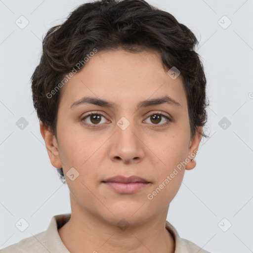 Neutral white young-adult female with short  brown hair and brown eyes