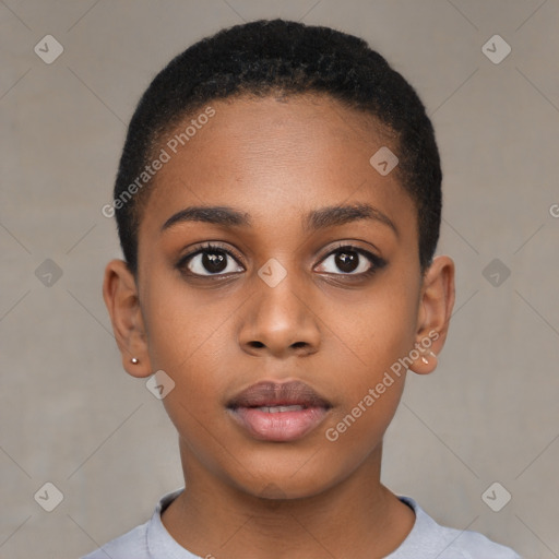 Neutral black young-adult female with short  brown hair and brown eyes