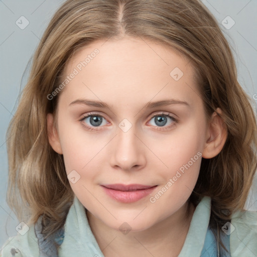 Joyful white young-adult female with medium  brown hair and blue eyes