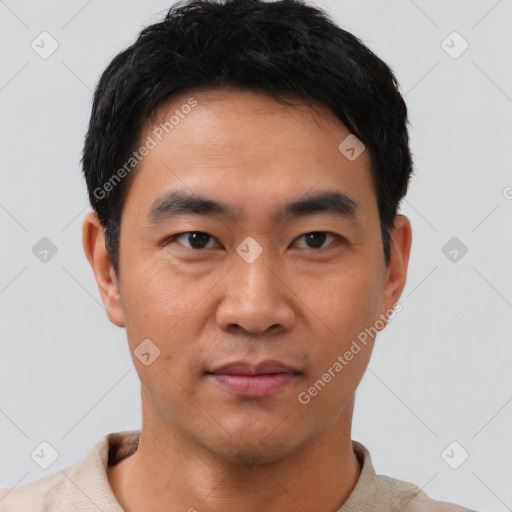 Neutral asian young-adult male with short  black hair and brown eyes