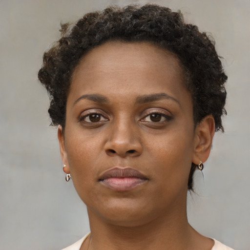 Neutral black young-adult female with short  brown hair and brown eyes