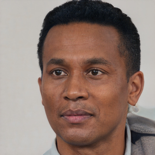Joyful black adult male with short  black hair and brown eyes