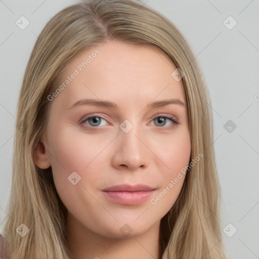 Neutral white young-adult female with long  brown hair and grey eyes