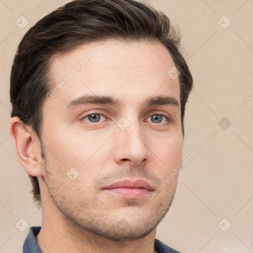 Neutral white young-adult male with short  brown hair and brown eyes