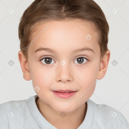 Joyful white child female with short  brown hair and brown eyes