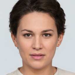 Neutral white young-adult female with short  brown hair and brown eyes