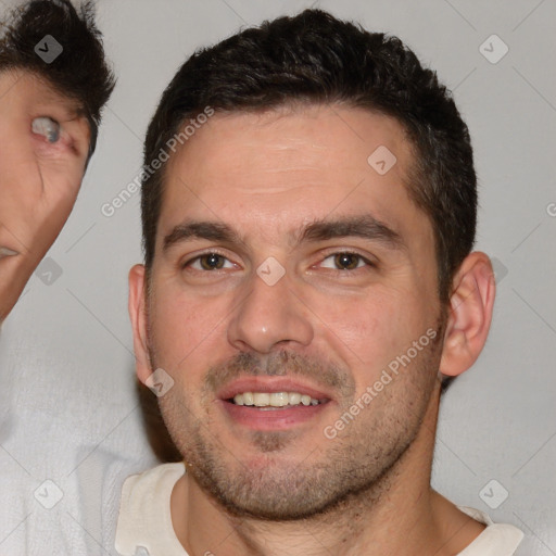 Joyful white young-adult male with short  brown hair and brown eyes