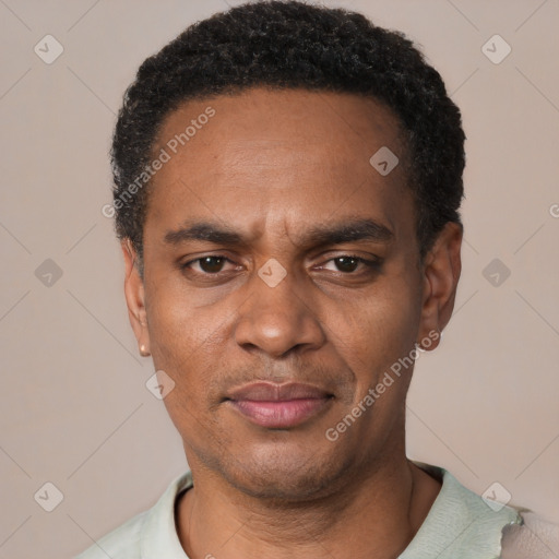 Joyful black adult male with short  black hair and brown eyes