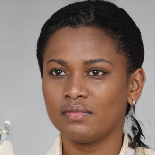 Neutral black young-adult female with short  black hair and brown eyes