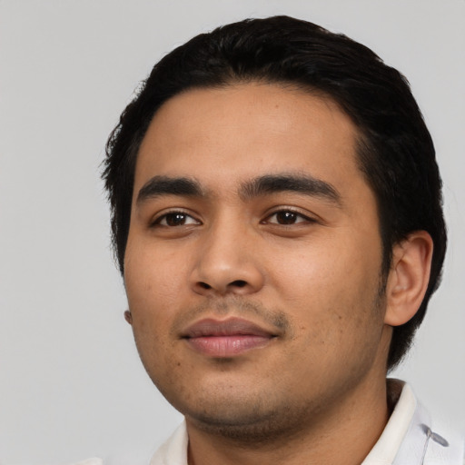 Neutral asian young-adult male with short  black hair and brown eyes