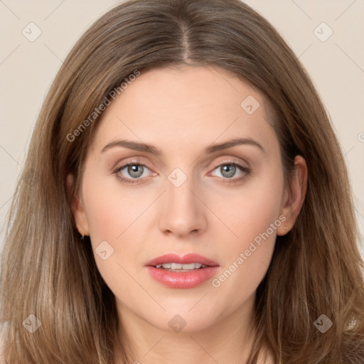 Neutral white young-adult female with long  brown hair and brown eyes