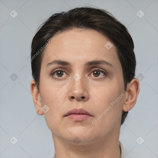 Neutral white young-adult female with short  brown hair and brown eyes