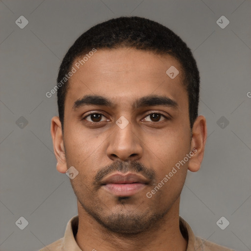 Neutral latino young-adult male with short  black hair and brown eyes