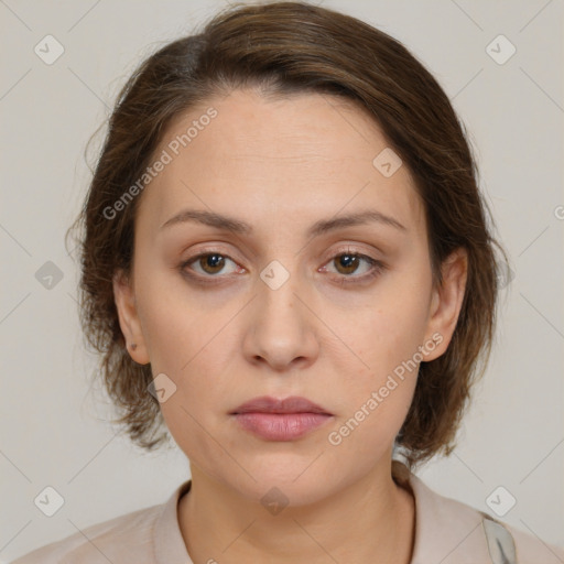 Neutral white young-adult female with medium  brown hair and brown eyes