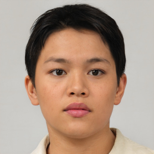Neutral asian young-adult female with short  brown hair and brown eyes