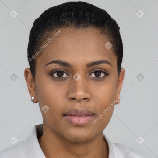 Neutral black young-adult female with short  brown hair and brown eyes