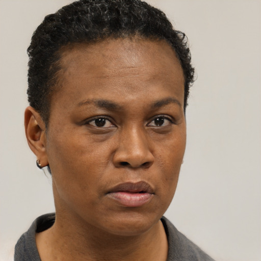 Neutral black young-adult female with short  brown hair and brown eyes