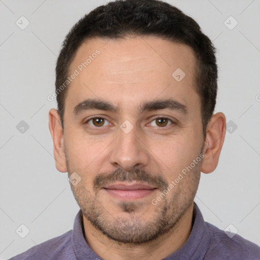 Joyful white young-adult male with short  brown hair and brown eyes