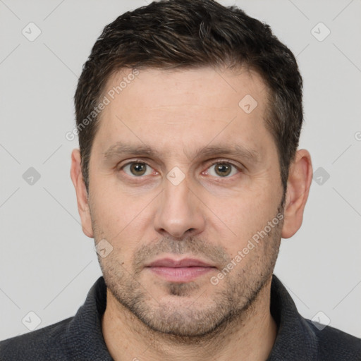 Neutral white adult male with short  brown hair and brown eyes