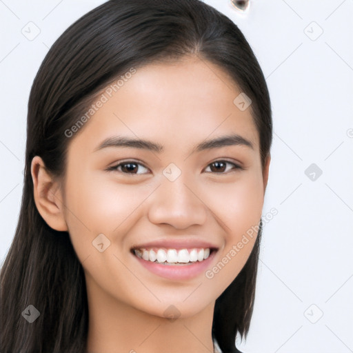 Joyful asian young-adult female with long  brown hair and brown eyes