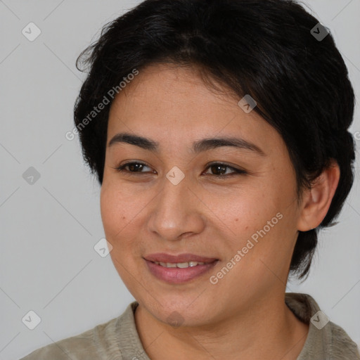 Joyful asian young-adult female with short  brown hair and brown eyes