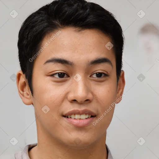 Joyful asian young-adult male with short  brown hair and brown eyes