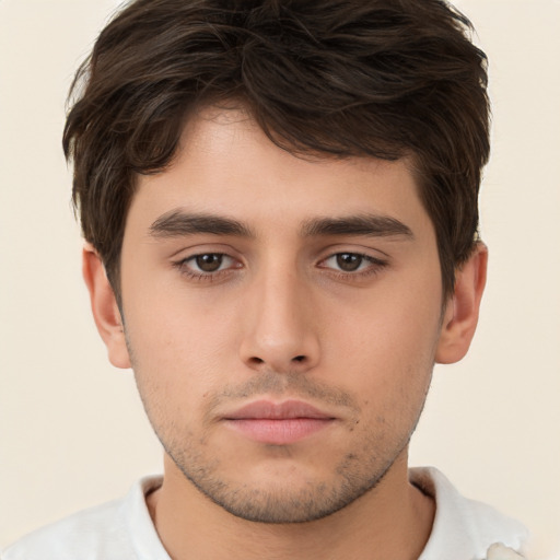 Neutral white young-adult male with short  brown hair and brown eyes