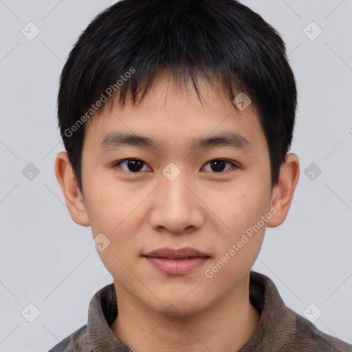 Neutral asian young-adult male with short  brown hair and brown eyes