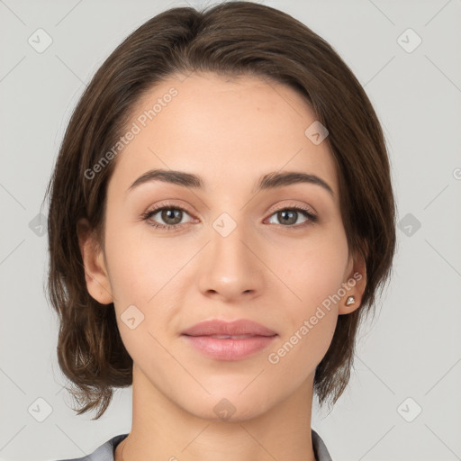 Neutral white young-adult female with medium  brown hair and brown eyes