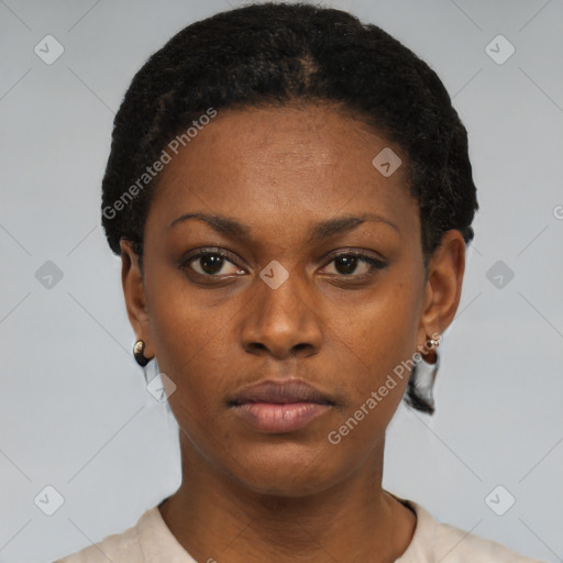 Neutral black young-adult female with short  black hair and brown eyes