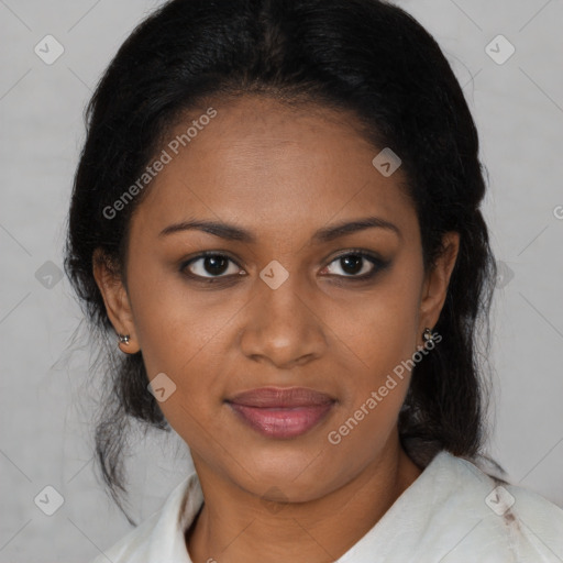 Joyful black young-adult female with medium  brown hair and brown eyes