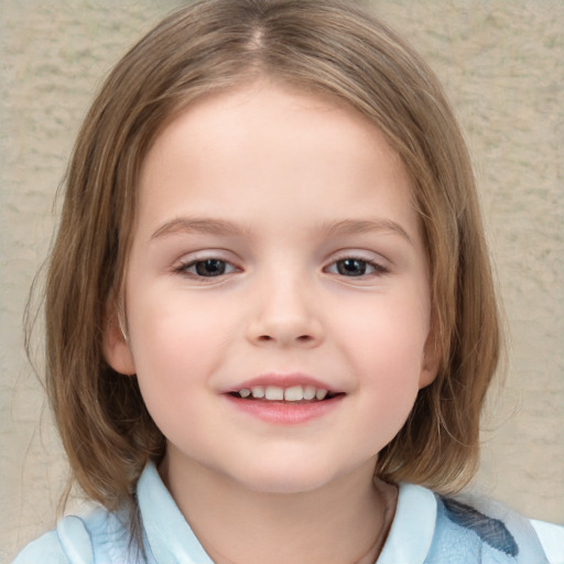 Joyful white child female with medium  brown hair and grey eyes