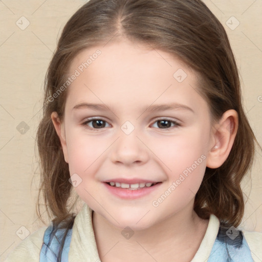 Joyful white child female with medium  brown hair and brown eyes