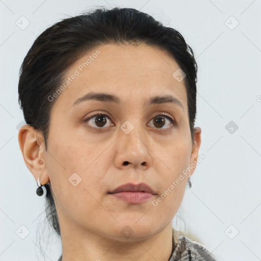 Neutral asian young-adult female with short  brown hair and brown eyes