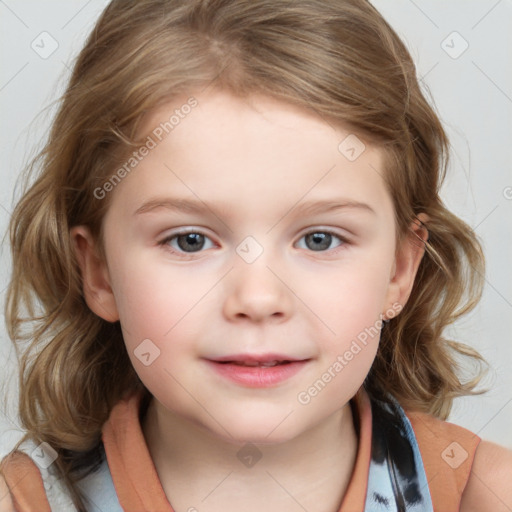 Neutral white child female with medium  brown hair and grey eyes