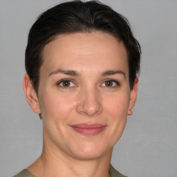 Joyful white adult female with short  brown hair and grey eyes