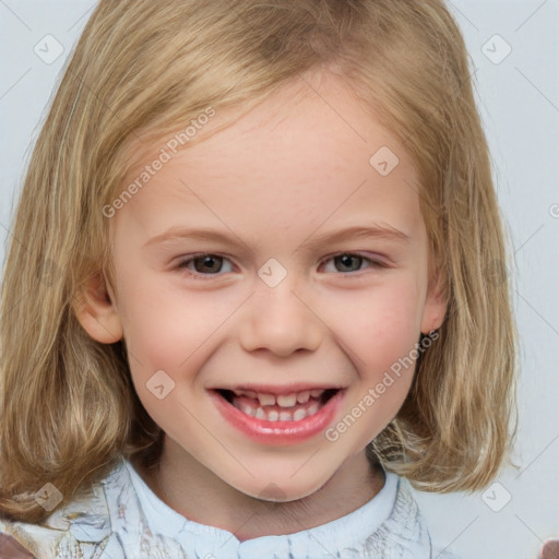 Joyful white child female with medium  brown hair and brown eyes