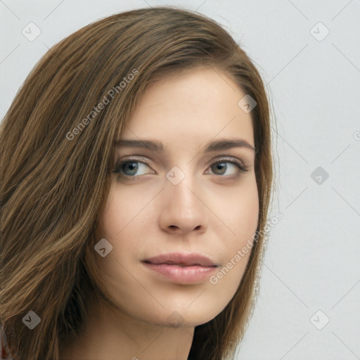 Neutral white young-adult female with long  brown hair and green eyes