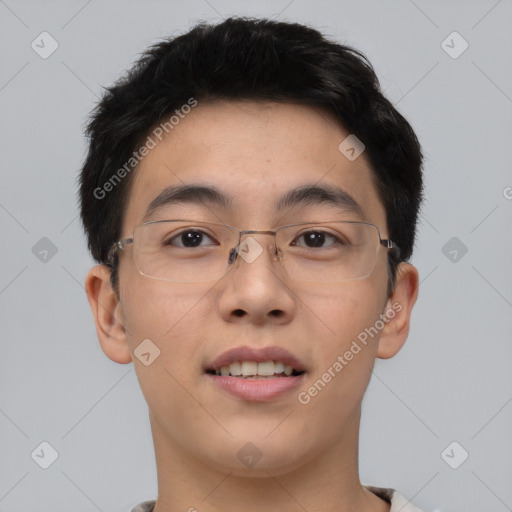 Joyful asian young-adult male with short  brown hair and brown eyes