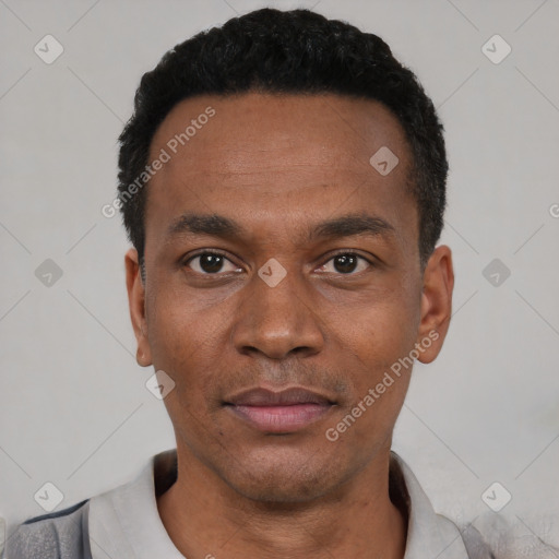 Neutral black young-adult male with short  black hair and brown eyes
