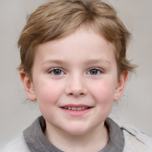 Joyful white child female with short  brown hair and grey eyes