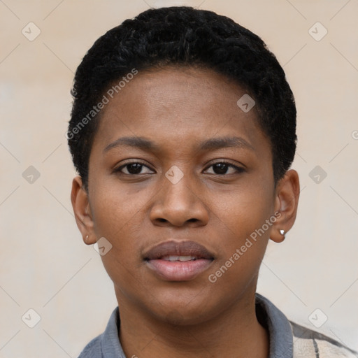 Neutral black young-adult female with short  black hair and brown eyes