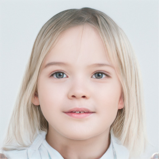 Neutral white child female with medium  brown hair and blue eyes