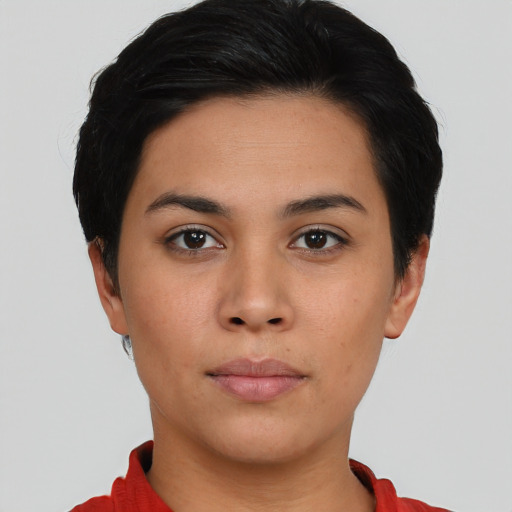 Neutral asian young-adult female with short  black hair and brown eyes