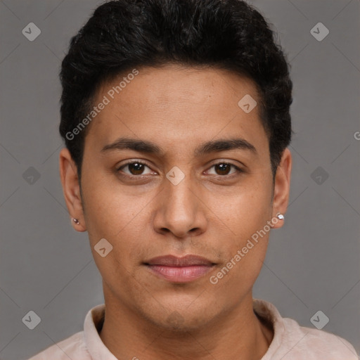 Neutral latino young-adult male with short  brown hair and brown eyes