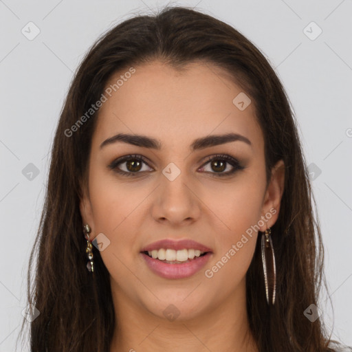 Joyful white young-adult female with long  brown hair and brown eyes